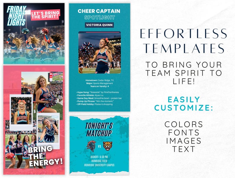 May include: A promotional image featuring cheerleading templates. The design includes photos of cheerleaders, text that reads "Friday Night Lights," "Cheer Captain Spotlight," and "Tonight's Matchup." The text also says "Effortless Templates to Bring Your Team Spirit to Life!"