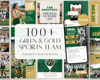 100+ Green and Gold Sports Team Canva Templates for Instagram | Editable Game Day Posts & Stories | Social Media Graphics Bundle for Teams