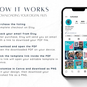 May include: A smartphone displays an Instagram profile with a teal and white theme. The screen shows a grid of posts, profile information, and the text "HOW IT WORKS" with instructions for downloading digital files.
