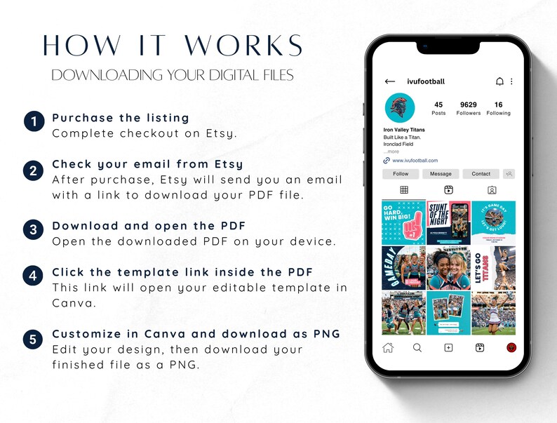 May include: A smartphone displays an Instagram profile with a teal and white theme. The screen shows a grid of posts, profile information, and the text "HOW IT WORKS" with instructions for downloading digital files.