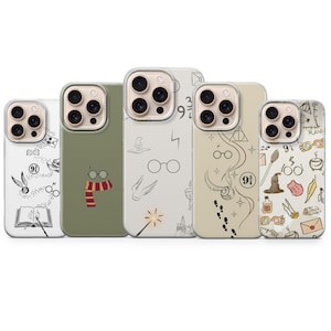 May include: Five phone cases with various designs. The cases feature illustrations of glasses, lightning bolts, a scarf, a wand, and other symbols. The cases are in shades of white, green, and beige.