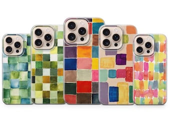 Aquarell Patchwork Telefon bunt karierte Muster-Abdeckung für iPhone 17 Pro Max 16a 15 14 13 12 Samsung S26 S25 S24fe A56 Pixel 10 XL 9a 8
