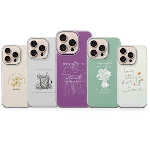 May include: A collection of five phone cases with various designs and quotes. The cases feature a range of colors, including beige, gray, purple, green, and white. Each case has a different design, including floral, beverage, and text-based graphics.