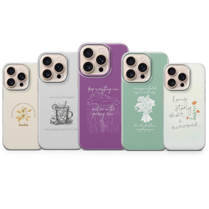 May include: A collection of five phone cases with various designs and quotes. The cases feature a range of colors, including beige, gray, purple, green, and white. Each case has a different design, including floral, beverage, and text-based graphics.