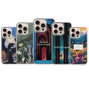 May include: Five phone cases with various designs. The cases display illustrations of a dragon, flowers, a forest scene with a figure, a deer, and a landscape with flowers. Each case has a clear border and a camera cutout.