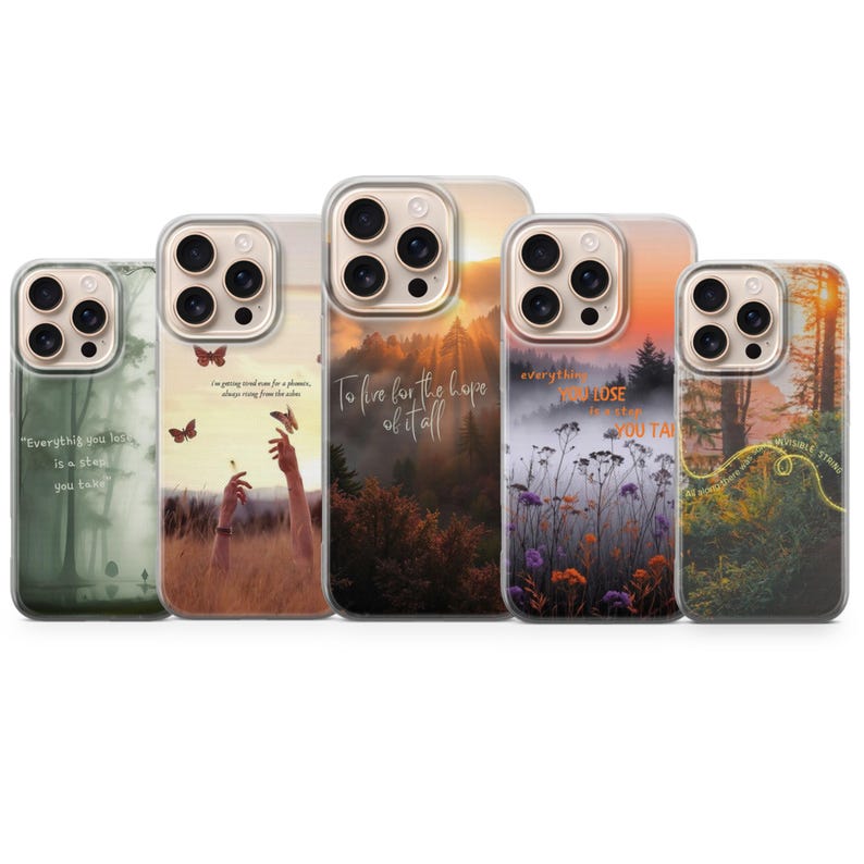 May include: A collection of five phone cases with nature-themed designs. The cases feature images of forests, sunsets, and inspirational quotes. The cases are made of clear plastic and have a glossy finish.