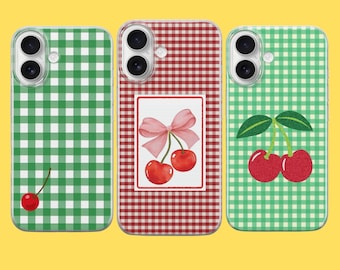 Cherry Gingham Phone Case Cottagecore Fruit Cover For iPhone 17 Pro Max 16a 15 14 13 12 11 8 Samsung S25fe S24fe A56 Pixel 10 XL 9a 8