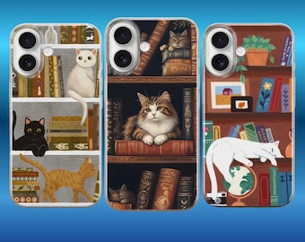 Bücherregal Handyhülle Cosy Bibliothek Katze Cover Für iPhone 17 Pro Max 16a 15 14 13 12 11 8 Samsung S25fe S24fe A56 Pixel 10 XL 9a 8