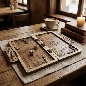 May include: A wooden backgammon set with dice and game pieces, open and ready to play. The board is on a wooden table, with a cup of coffee, books, and a lit candle in the background. The game pieces are small, round, and light-coloured. The table is near a window.