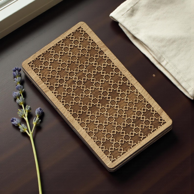 Laser cut wooden backgammon board game SVG file design, featuring a portable folding travel case and intricate geometric engraving patterns for CNC or Glowforge