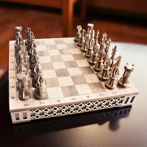 DIY laser cut wooden chess and checkers set with integrated storage drawers, shown assembled from a digital SVG file
