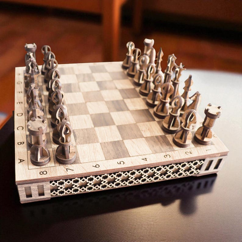 DIY laser cut wooden chess and checkers set with integrated storage drawers, shown assembled from a digital SVG file