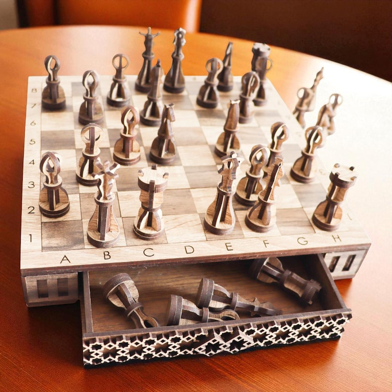 DIY laser cut wooden chess and checkers set with integrated storage drawers, shown assembled from a digital SVG file