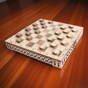 DIY laser cut wooden chess and checkers set with integrated storage drawers, shown assembled from a digital SVG file