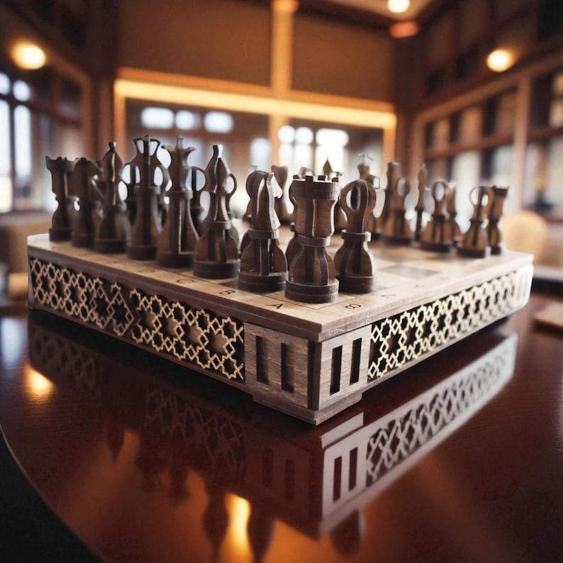 DIY laser cut wooden chess and checkers set with integrated storage drawers, shown assembled from a digital SVG file