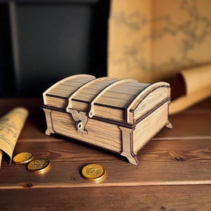 May include: A wooden treasure chest with a curved lid and decorative metal clasp. The chest is light brown with wood grain details. Gold coins are scattered on the wooden surface, suggesting a pirate or adventure theme.
