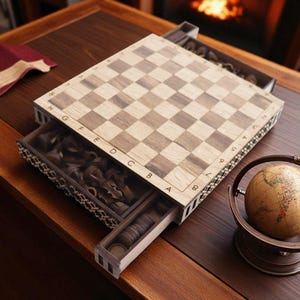 DIY laser cut wooden chess and checkers set with integrated storage drawers, shown assembled from a digital SVG file