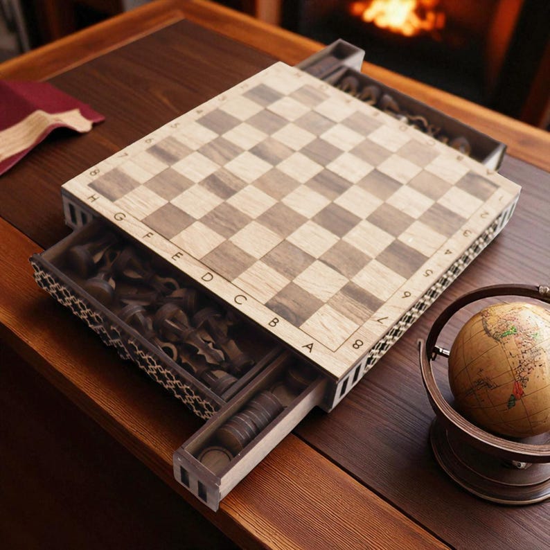 DIY laser cut wooden chess and checkers set with integrated storage drawers, shown assembled from a digital SVG file