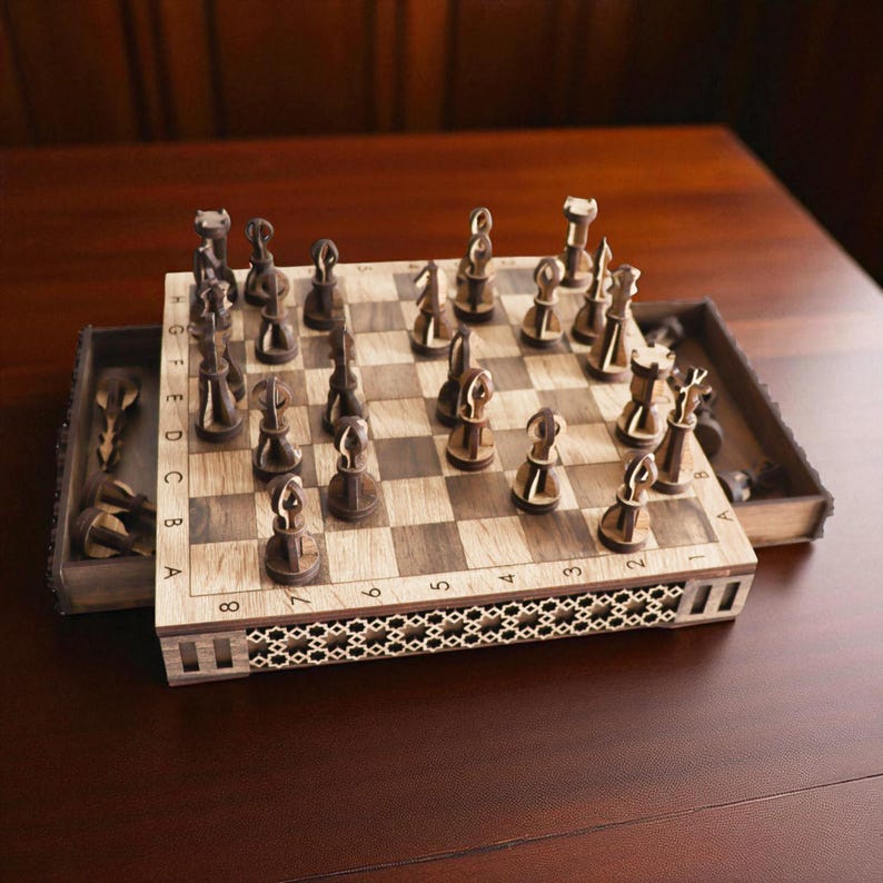 DIY laser cut wooden chess and checkers set with integrated storage drawers, shown assembled from a digital SVG file