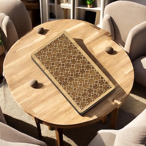 Laser cut wooden backgammon board game SVG file design, featuring a portable folding travel case and intricate geometric engraving patterns for CNC or Glowforge