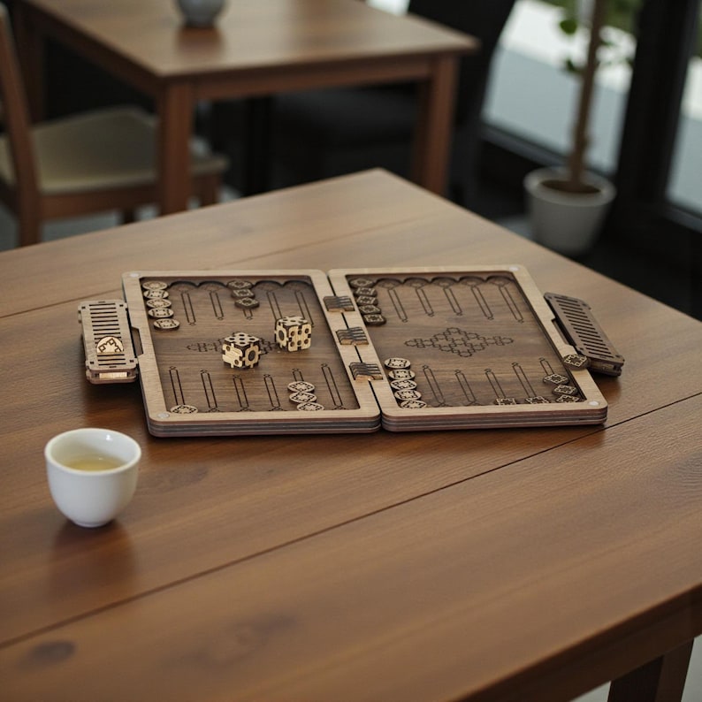 Laser cut wooden backgammon board game SVG file design, featuring a portable folding travel case and intricate geometric engraving patterns for CNC or Glowforge