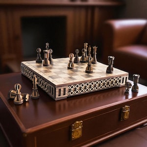 DIY laser cut wooden chess and checkers set with integrated storage drawers, shown assembled from a digital SVG file