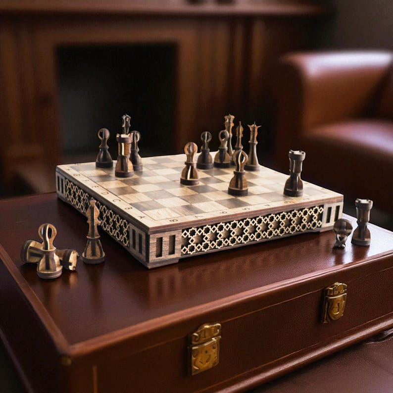 DIY laser cut wooden chess and checkers set with integrated storage drawers, shown assembled from a digital SVG file
