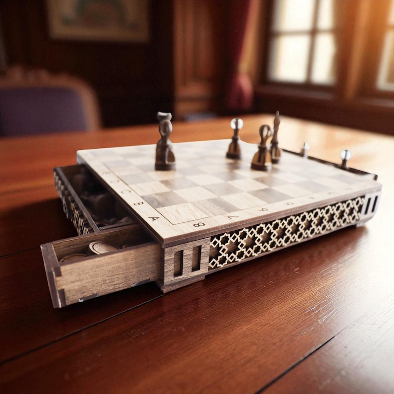 DIY laser cut wooden chess and checkers set with integrated storage drawers, shown assembled from a digital SVG file