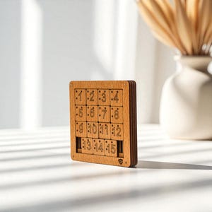 May include: A wooden 15 puzzle game with numbered tiles from 1 to 15. The puzzle is made of light brown wood and has a square frame. The numbers are etched into the wood. The game is designed to slide the tiles to arrange them in numerical order.
