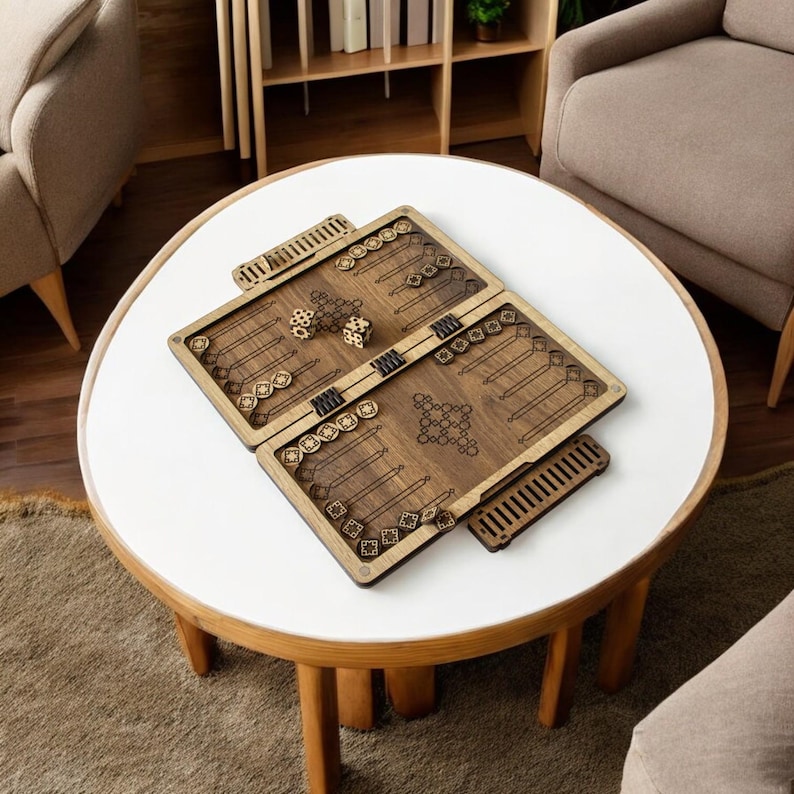 Laser cut wooden backgammon board game SVG file design, featuring a portable folding travel case and intricate geometric engraving patterns for CNC or Glowforge