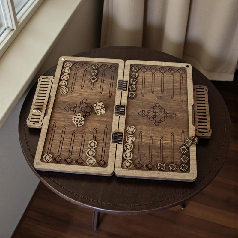 Laser cut wooden backgammon board game SVG file design, featuring a portable folding travel case and intricate geometric engraving patterns for CNC or Glowforge