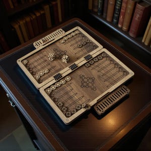Laser cut wooden backgammon board game SVG file design, featuring a portable folding travel case and intricate geometric engraving patterns for CNC or Glowforge