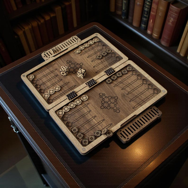 Laser cut wooden backgammon board game SVG file design, featuring a portable folding travel case and intricate geometric engraving patterns for CNC or Glowforge