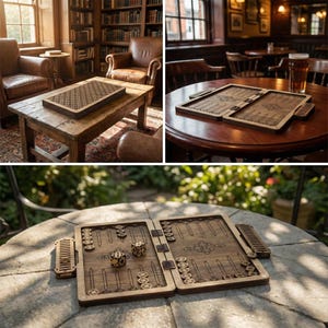 Laser cut wooden backgammon board game SVG file design, featuring a portable folding travel case and intricate geometric engraving patterns for CNC or Glowforge