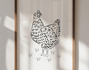 Hen Line Art Print, kunst aan de muur kip, cottage en boerderijinrichting (digitale download)