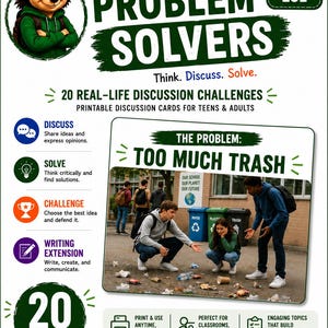 Puede incluir: Tarjetas de discusión imprimibles educativas tituladas Hugo Says Problem Solvers para adolescentes y adultos. La tarjeta presenta un erizo de dibujos animados, el texto 20 Real-Life Discussion Challenges y una foto de estudiantes mirando basura.