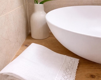 Handmade Linen Hand Towels Set with Cotton Lace – Made in Spain
