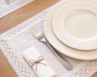 Handmade Linen Placemats Set of 2 with Cotton Lace – Premium Natural Linen Tableware