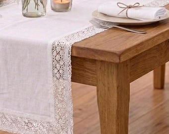 Linen Table Runner and Napkin Set, White Linen Table Decor with Lace Trim, Wedding Table Runner Bundle, Elegant Mediterranean Tablescape