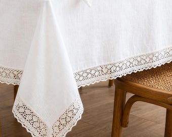 Linen Wedding Tablecloth with Lace – Handmade White Linen Tablecloth, Romantic Bridal Table Decor, Elegant Mediterranean Table Setting