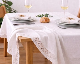 White Linen Tablecloth with Lace | Elegant Rustic Table Decor | Handmade Neutral Linen Cloth for Dining & Events