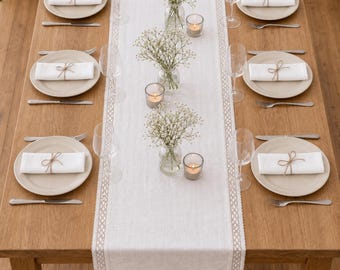 Wedding Linen Table Runner with Lace, Sweetheart Table Decor, Bridal Shower Runner, Romantic Reception Centerpiece