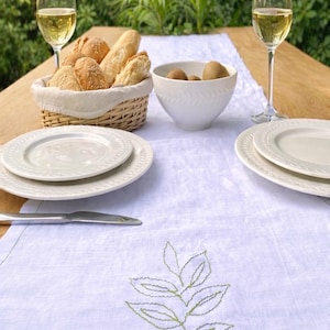 White Linen Table Runner with Botanical Embroidery – Handmade in Spain