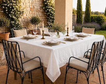 Wedding Table Linen Set, Linen Tablecloth with Lace + Napkins, Mediterranean Wedding Table Decor, Set for 4 or 6 Guests