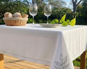White Linen Tablecloth with Botanical Embroidery – European Handmade Linen Table Decor