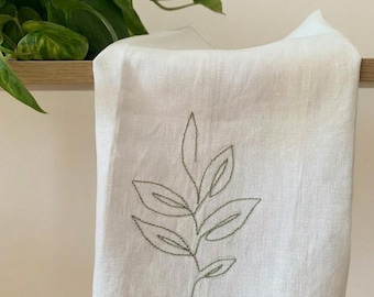 Botanical Linen Kitchen Towel set of 2, White Linen Tea Towel With Green Embroidery