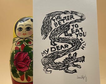 big bad wolf hand carved linocut print | the better to eat you with