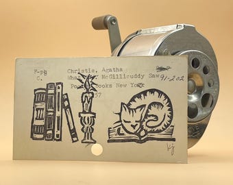 library cat hand carved linocut print on vintage index card