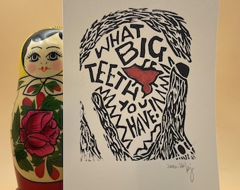 little red riding hood hand carved linocut print | what big teeth you have