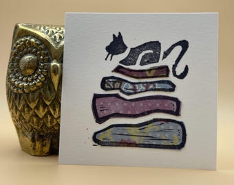 black cat mini hand carved linocut print collage